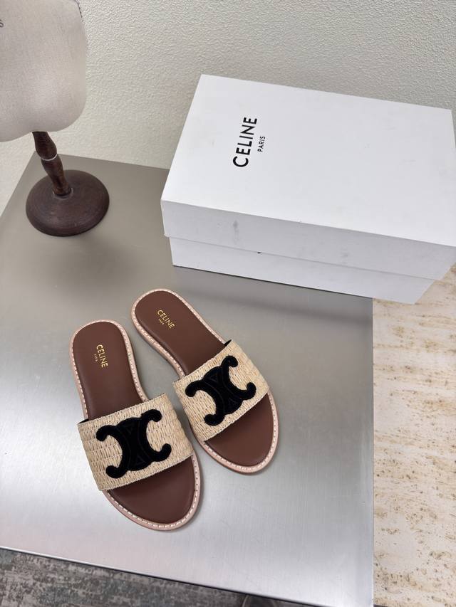 flat slippers. Celine summer exclusive. Plump grass embroidered Arc de Triomphe