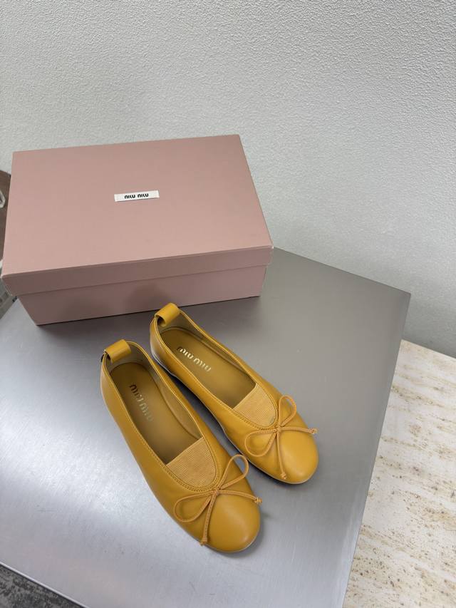 Flats, Miu'miu 25 Fall Shoes, Comfortable Elastic Fit, Small Bow Series, Ginger