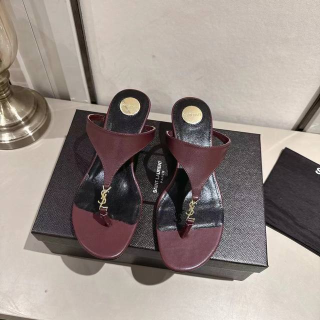 Ysl thong wedge slippers 2025 new version burgundy leather heel height 4.5cm siz
