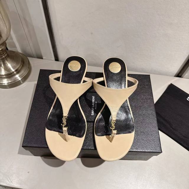 Ysl thong wedge slippers 2025 new version apricot leather heel height 4.5cm size