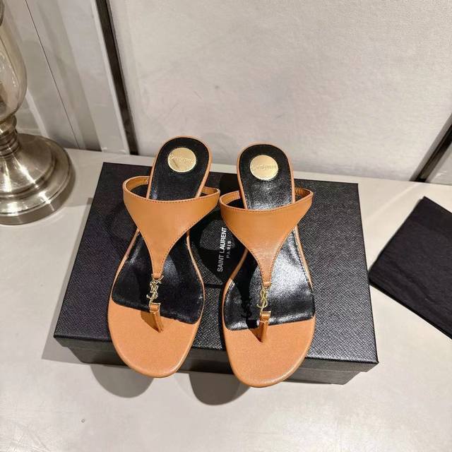 Ysl thong wedge slippers 2025 new version brown leather heel height 4.5cm sizes