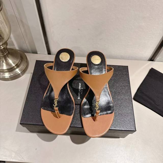 Ysl thong wedge slippers 2025 new version dark brown leather heel height 4.5cm s
