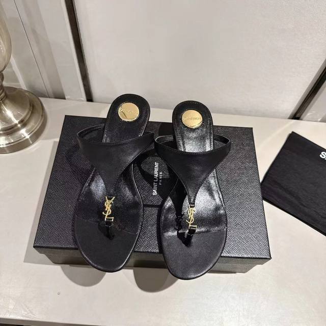 Ysl thong wedge slippers 2025 new version black leather heel height 4.5cm size 3