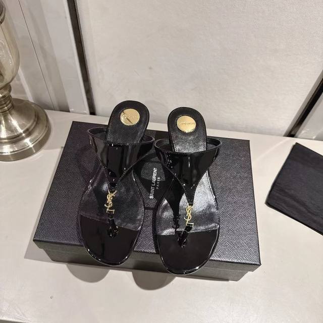 Ysl thong wedge slippers 2025 new version black patent leather heel height 4.5cm
