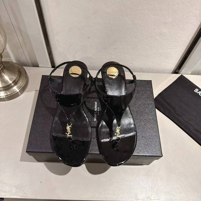 Ysl thong wedge sandals (2025 new edition) black patent leather heel height 4.5c