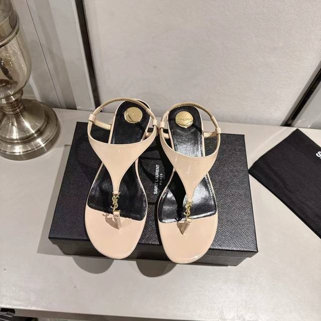 Ysl thong wedge sandals (2025 new edition) apricot patent leather heel height 4.