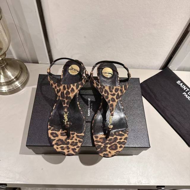Ysl thong wedge sandals (2025 new edition) Black leopard print leather Heel heig