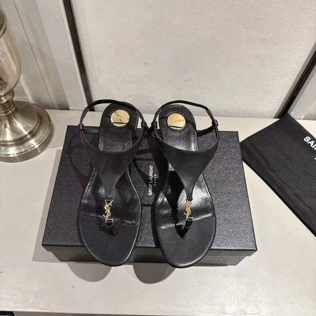 Ysl thong wedge sandals (2025 new edition) black leather heel height 4.5cm sizes
