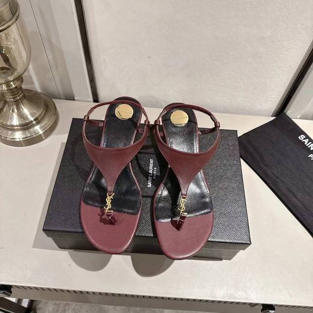 Ysl thong wedge sandals (2025 new edition) DDD, burgundy leather DDD, heel heigh