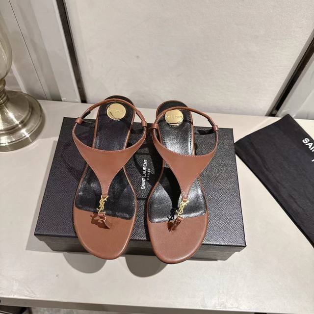 Ysl thong wedge sandals (2025 new edition) reddish-brown leather heel height 4.5