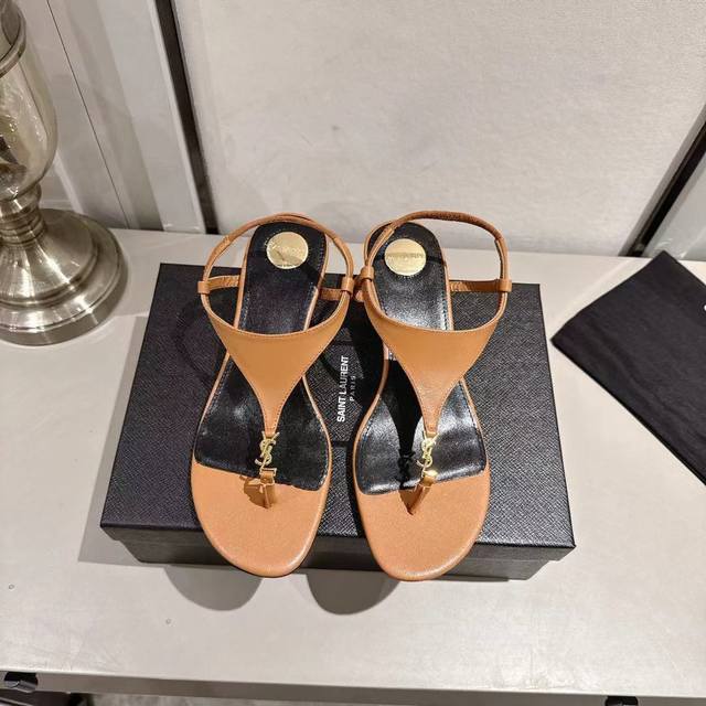 Ysl thong wedge sandals (2025 new edition) brown leather heel height 4.5cm sizes