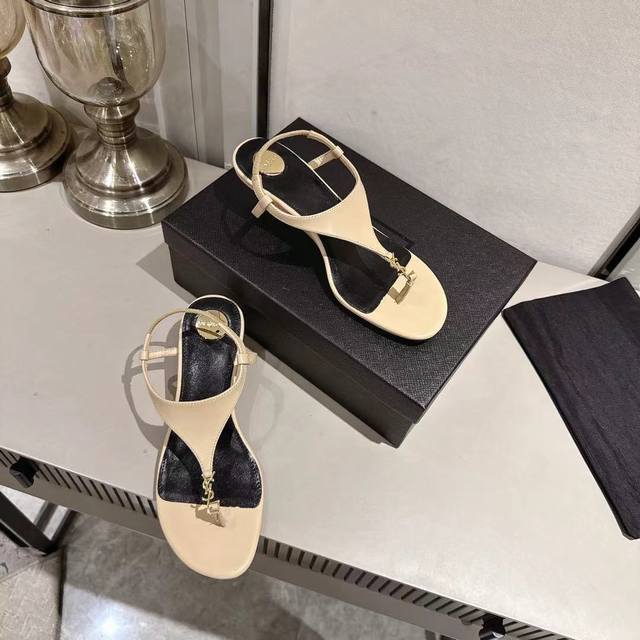 Ysl thong wedge sandals (2025 new edition) apricot leather heel height 4.5cm siz