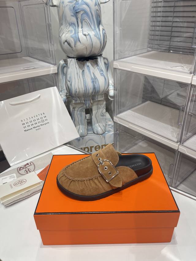 Hermes square buckle pleated closed toe flat half-slippers Birkenstock H's Chypr