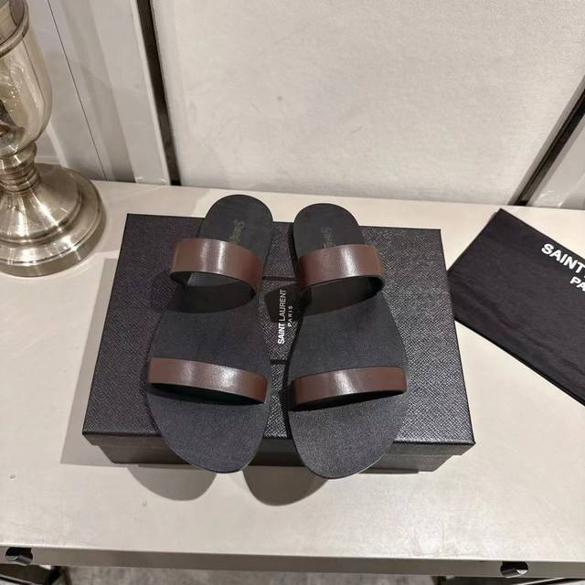 Ysl slippers 2025 new version brown leather size 35-44 35.43.44 custom rubber ou