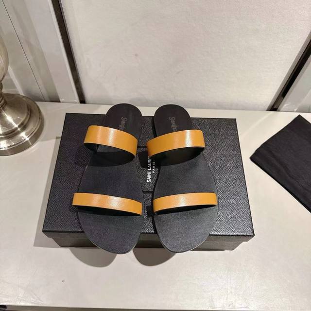 Ysl slippers 2025 new version brown leather size 35-44 35.43.44 custom rubber ou