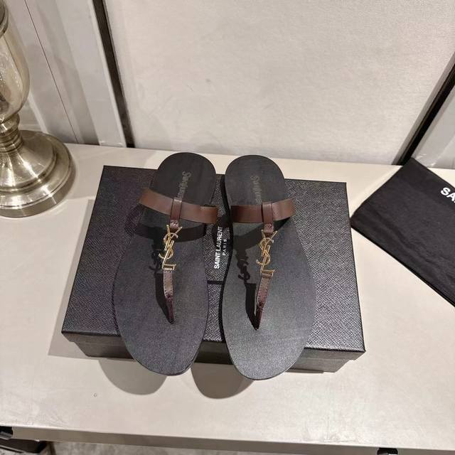Ysl flip-flops 2025 new version brown leather size 35-44 35, 43, 44 custom rubbe