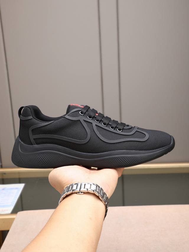 Prada men's lace-up casual sneakers, featuring an imported, breathable mesh uppe