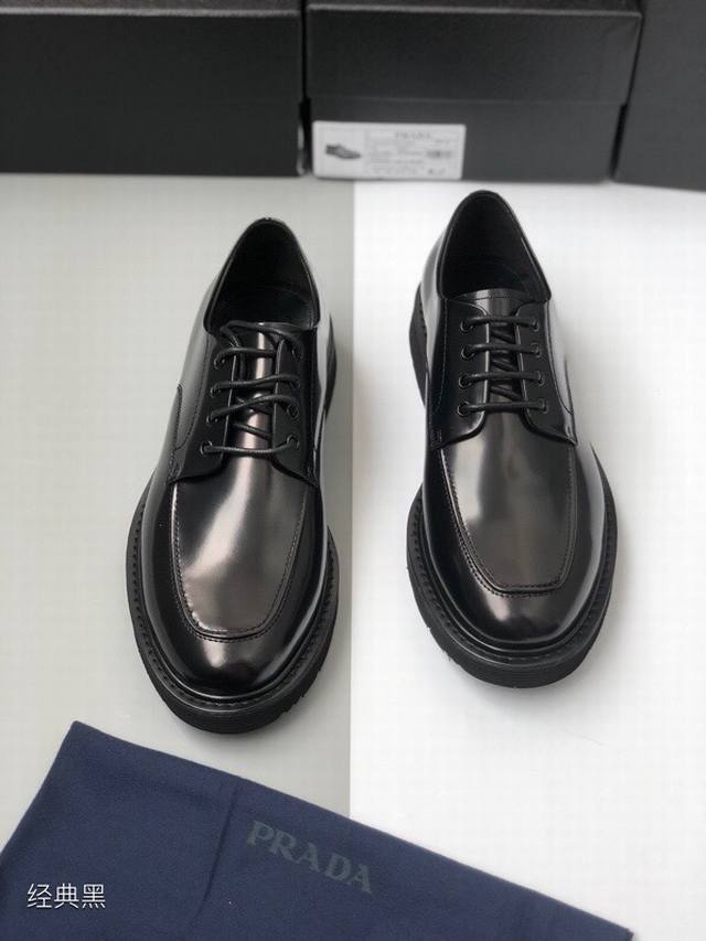 Classic black Prad* Derby men's shoes have arrived. Counter quality hand-rubbed