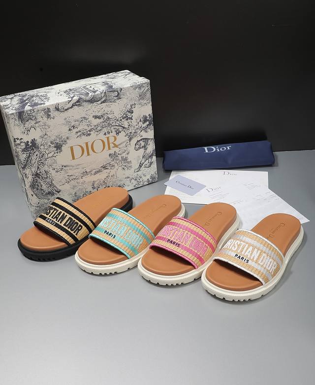 Dior flat flip flops, straw sugar upper with electric embroidery and embroidered