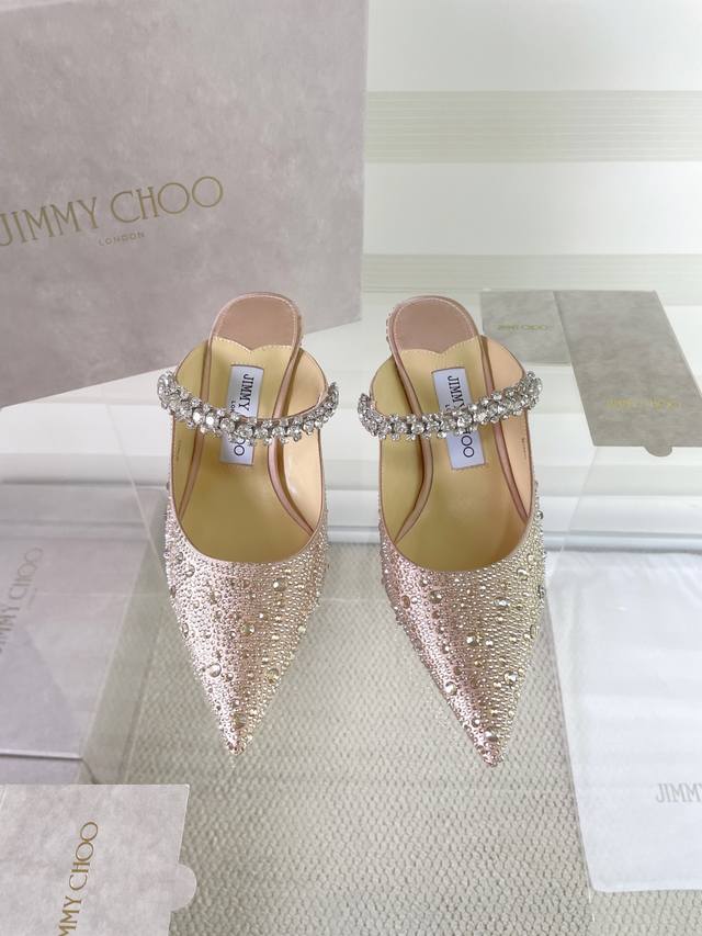 Jimmy Choo classic diamond chain pointed toe crystal high-heeled slippers. These