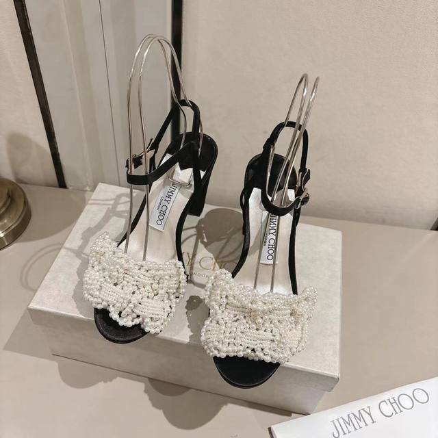 Factory Price Women's Sports Shoes Original Jimmy Choo Satin Pearl Chunky Heel
