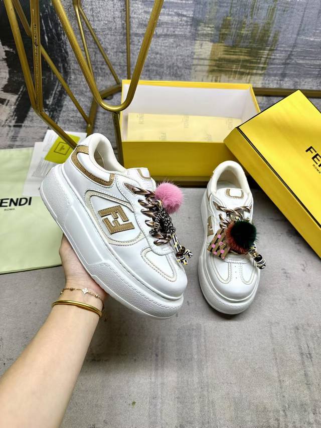 Factory Price Women's Shoes Original Fendi Match Lace-Up Sneakers. White fabric