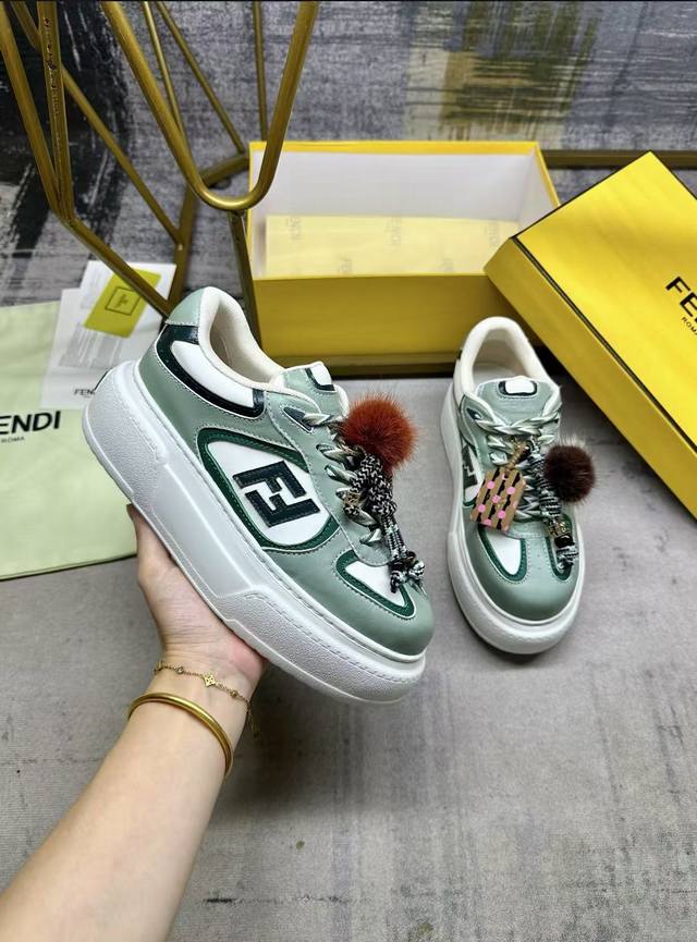 Factory Price Women's Shoes Original Fendi Match Lace-Up Sneakers. Light green
