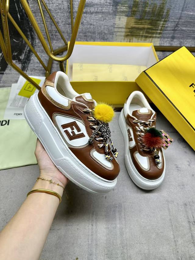 Factory Price Women's Shoes, Original Fendi Match Lace-Up Sneakers. Brown fabri