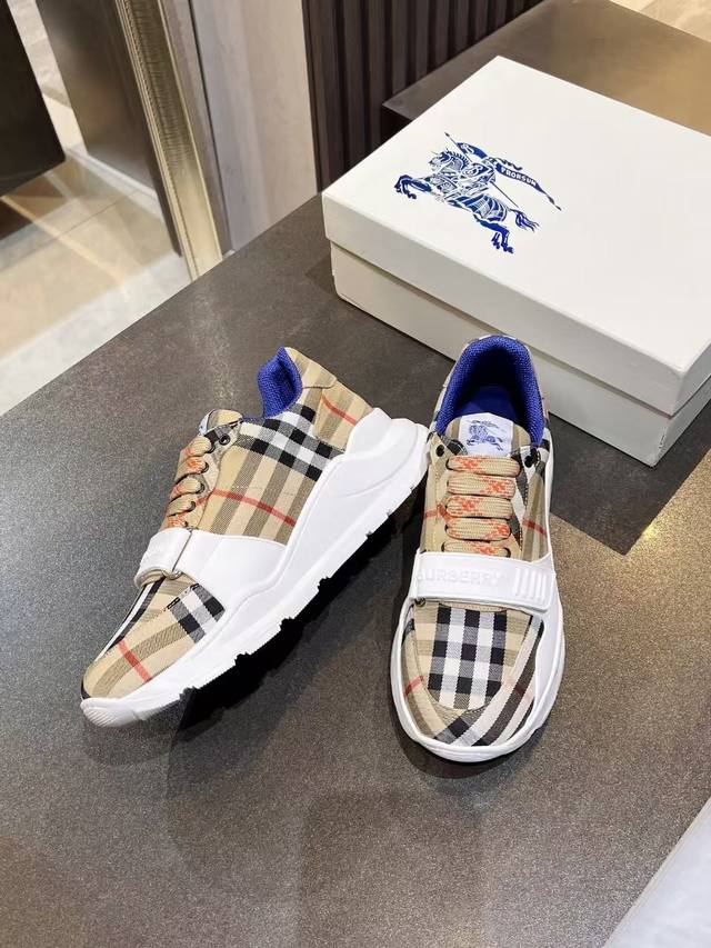 Burberry Italian-made stretch nylon sneakers featuring a check pattern. The mes
