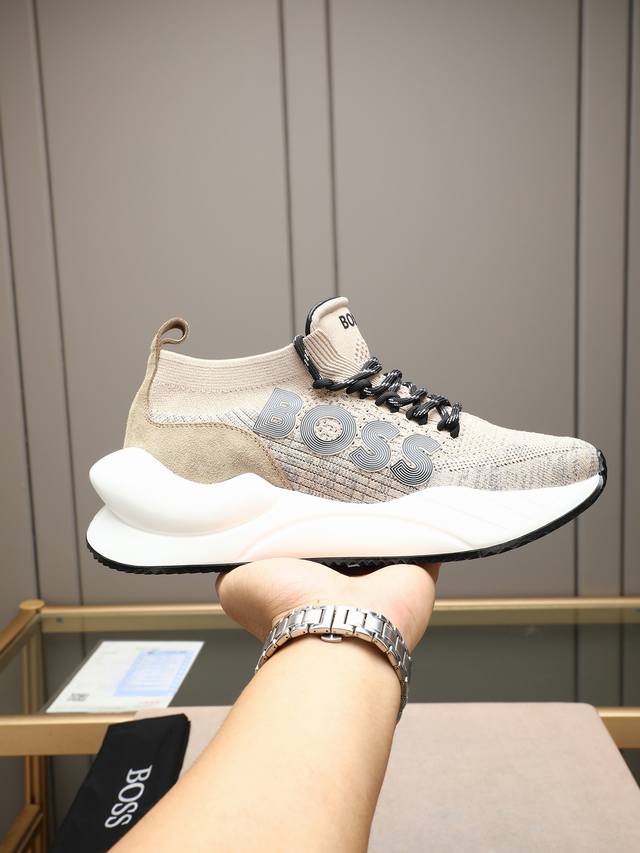 Boss men's casual sneakers, imported one-piece flywoven fabric, with a bold side