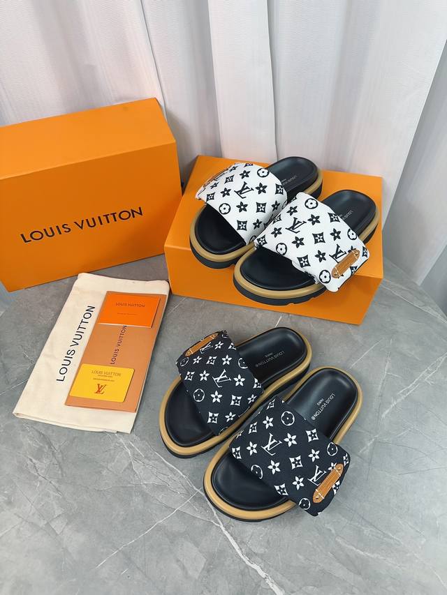 Lv's popular embossed logo sandals. These Pool Pillow Comfort flat sandals are c