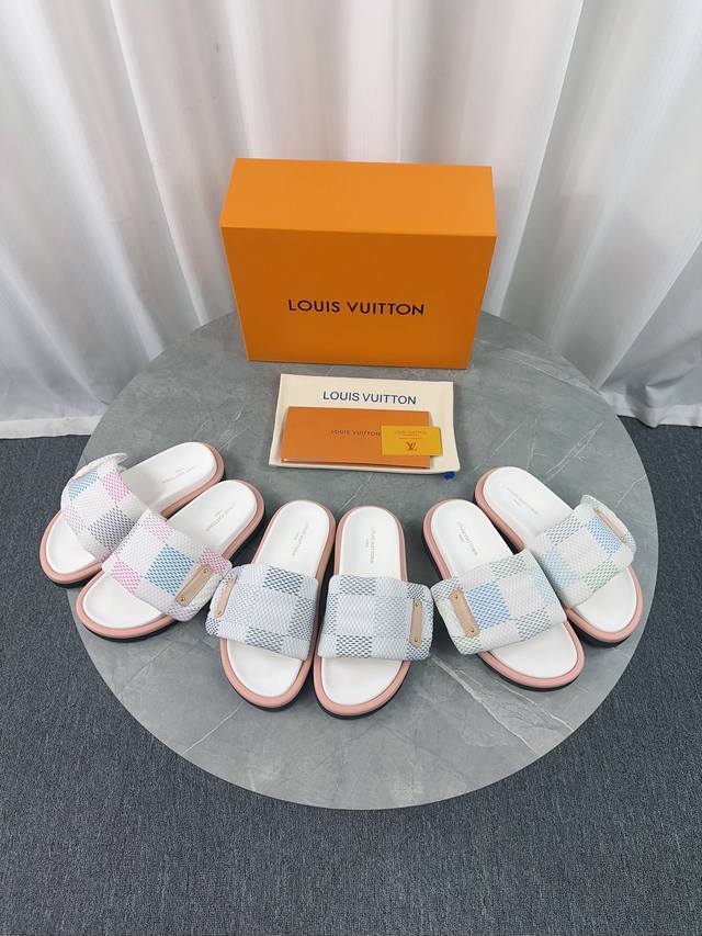 Lv's popular embossed logo sandals. These Pool Pillow Comfort flat sandals are c