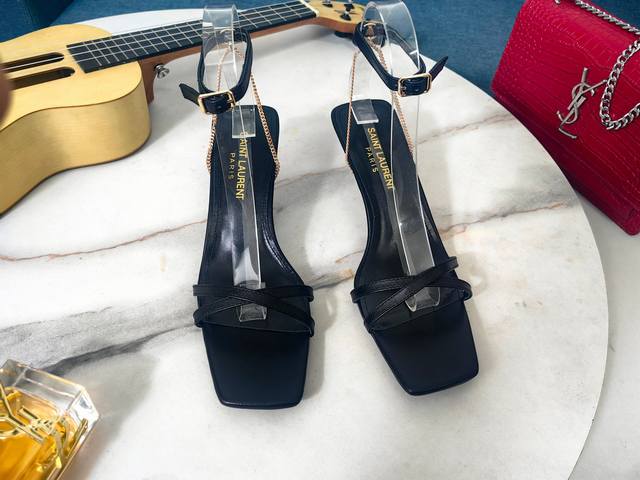 Genuine leather outsole beige Saint Laurent, thin kitten heel square toe sandal