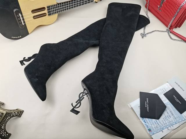 Classic style Saint Laurent Ysl letter metal heel 22-inch boots, stretch boots F