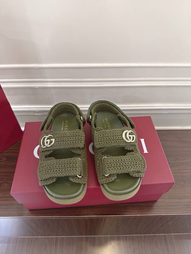 Guccl Women's Double G Velcro Cotton Sandals. Gucci's modern design aesthetic ex