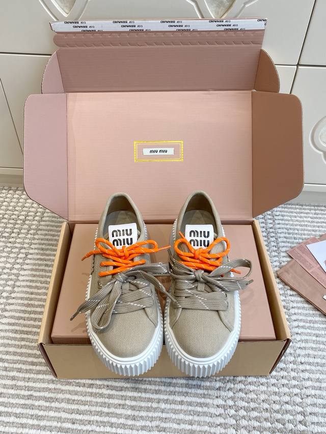Original airplane box Shopping-grade Miumiu Miu Miu denim thick-soled biscuit sh