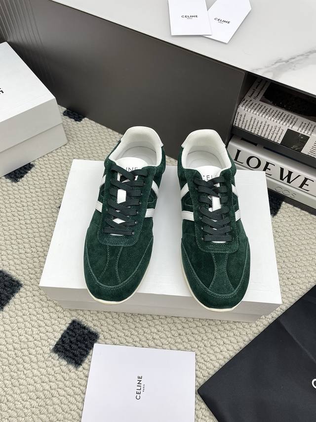 Celine Jogger Triomphe Low-Top Lace-Up Sneakers, Suede Forrest Gump Shoes, Lace-
