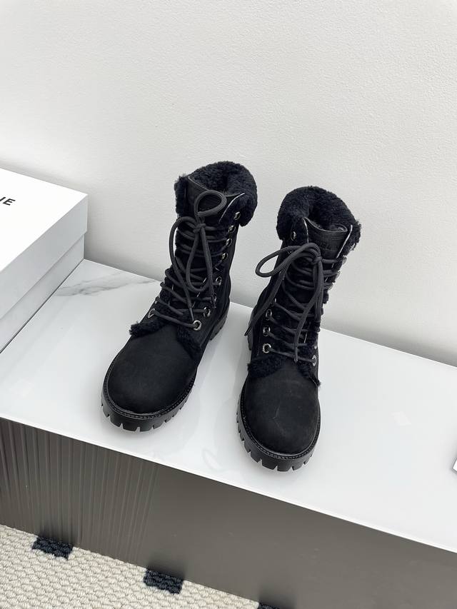 Men's 10 Couple's Style Celine 25Ss New Autumn/Winter Fur-Lined Lace-Up Ankle Bo
