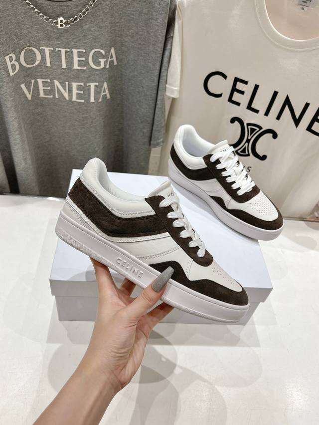 Top quality Celine new logo lace-up casual sneakers Upper leather and suede Orig