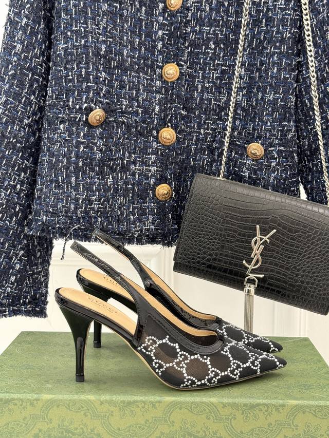 Factory Price: Gucci Classic Rhinestone Mesh Pointed-Toe High-Heeled Slingback