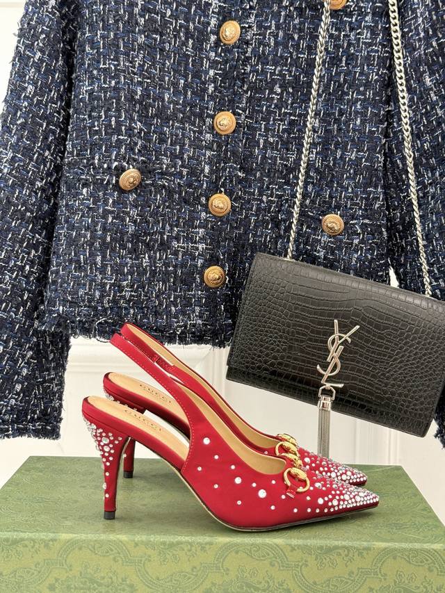 Factory Price Gucc* Classic Horsebit Pointed Rhinestone High Heels Series! This