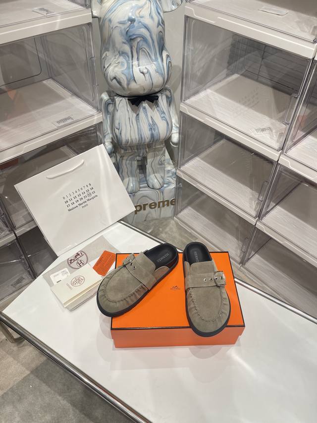 High version Hermes square buckle pleated closed toe flat half-slippers Birkenst