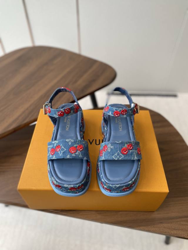 Lv 25Ss Louis Vuitton x Tm 6Am Takashi Murakami Cherry Platform Hemp Rope Sandal