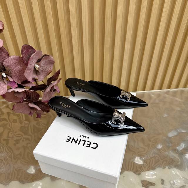 Celine classic Arc de Triomphe pointed kitten heel slippers fabric and leather 3
