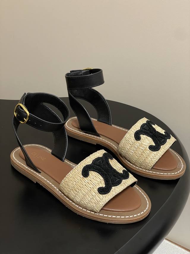 25Ss New spring and summer Celine retro straw sandals, Arc de Triomphe woven sur