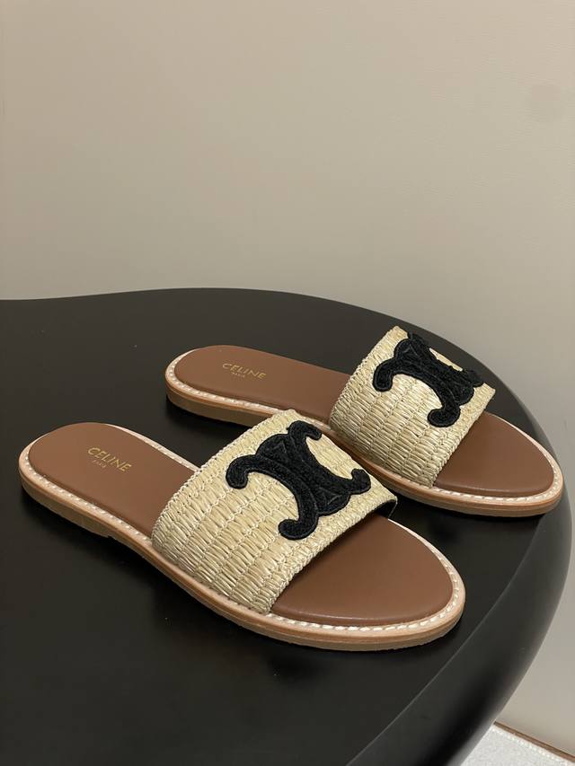 25Ss New spring and summer Celine retro straw slippers, Arc de Triomphe woven su
