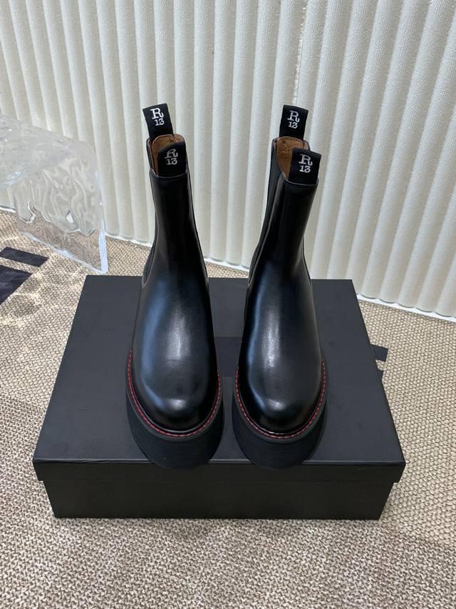 R13 Round-toed leather boots, classic short boots, Chelsea boots, DDD. 7cm thick