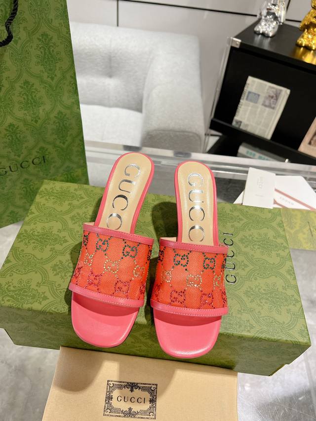 Gucci 23Ss new summer diamond-faced high-heeled sandals. Authentic, one-to-one d