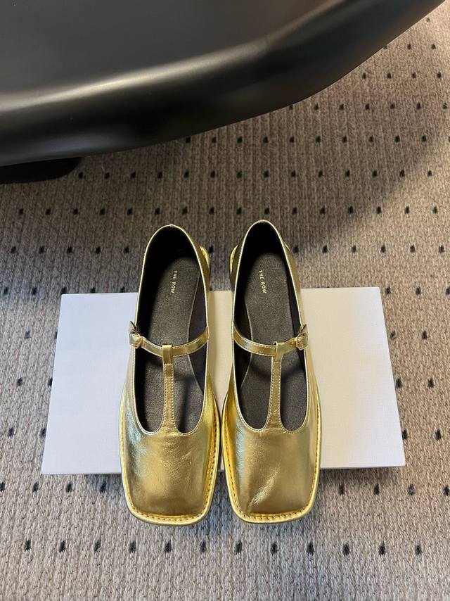 The Row 25Ss square-toed T-strap flat-soled Mary Janes DDD. Two pairs of golden