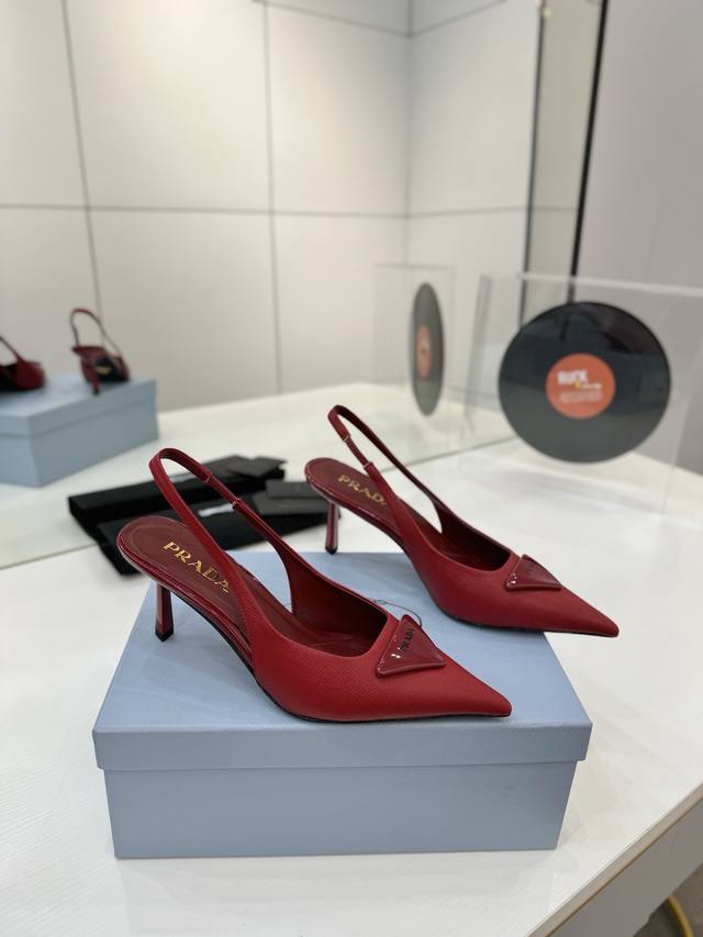 Factory Price Prada counter catwalk style pointed sandals with triangle buckle